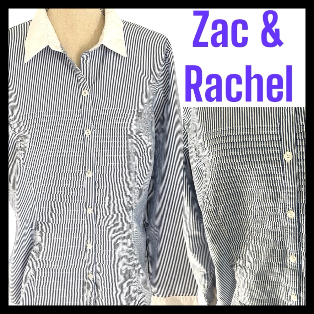 Zac & Rachel Blue/White Stripe Pleated Front Cotton Blend Button Up Shirt (XL)